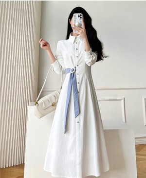 春 秋 フレアシャツワンピース 細見え 青ストラップ付き