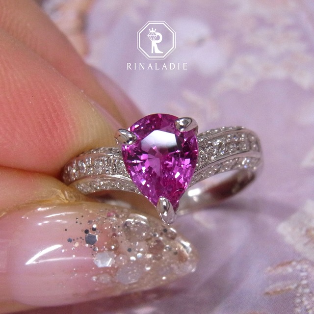 Pt900 ピンクサファイア 1.50ct ダイヤモンドリング 三面ダイヤ ペアシェイプ CGL