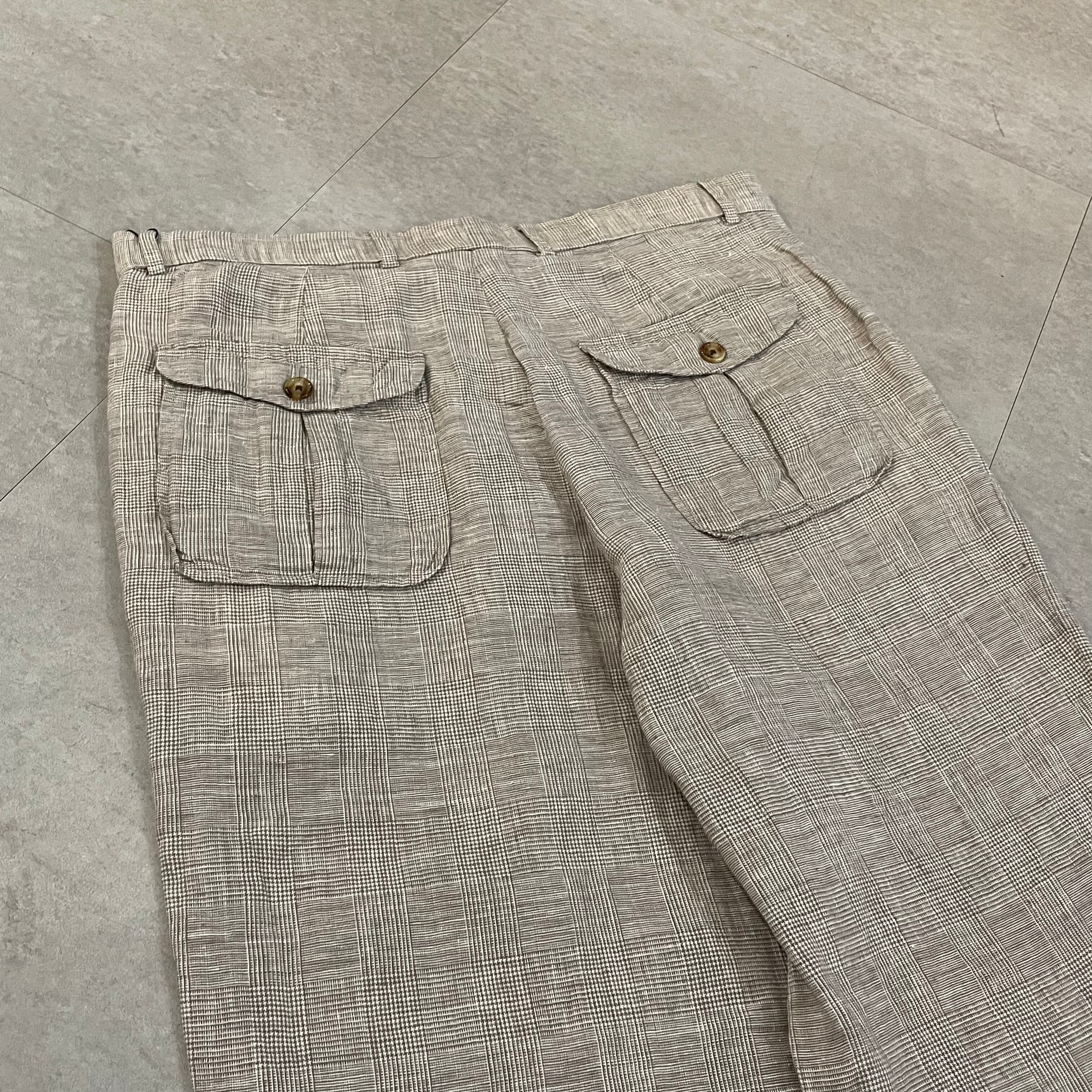 W32 L30』PERRY ELLIS ペリーエリス リネンスラックスパンツ リネンスラックス スラックス リネン チェック 茶 古着 古着屋 高円寺 ビンテージ Slat_Albatross_Isla_Vintage Vintageリネンパンツ スラックス ダブル ブラック
