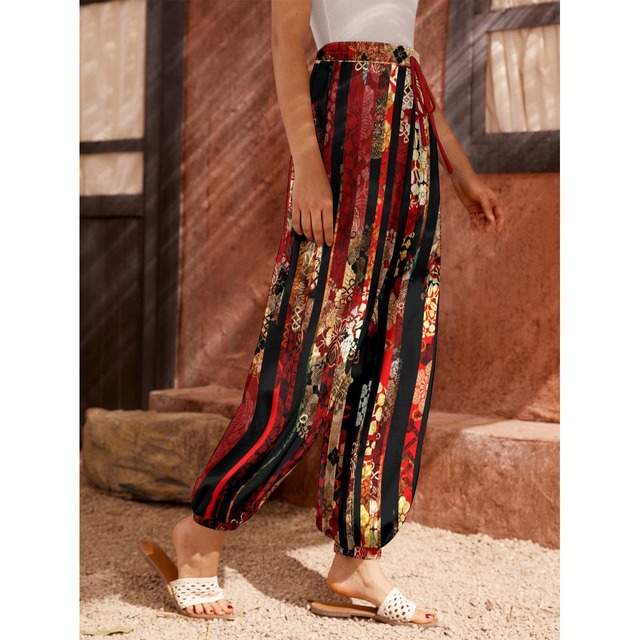 和柄ストライプ　赤　バルーンパンツ