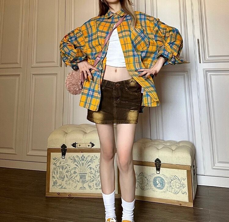 黄色 ネルシャツ チェック シャツ ブラウス カジュアル | LOVEYsmileSHOP