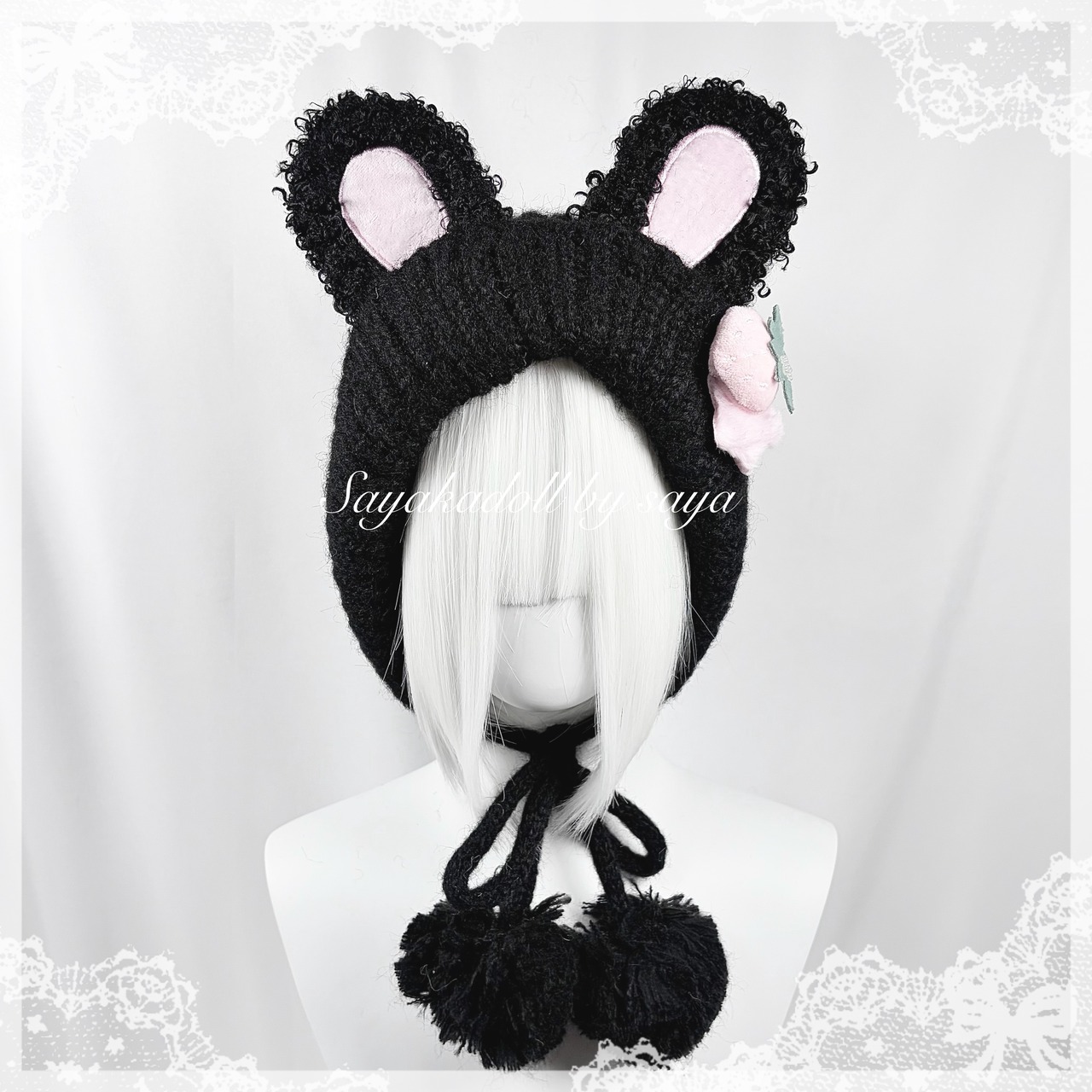 ♡ Strawberry うさみみ もこもこふわふわニット帽 ビーニー black ‪♡
