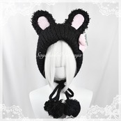 ♡ Strawberry うさみみ もこもこふわふわニット帽 ビーニー black ‪♡