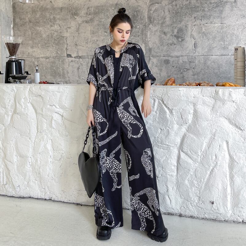 ブラックサマードレス ジャンプスーツ オールインワン 薄手プリントワンピース 夏物 ラブタオタオダレンハウス84038582662