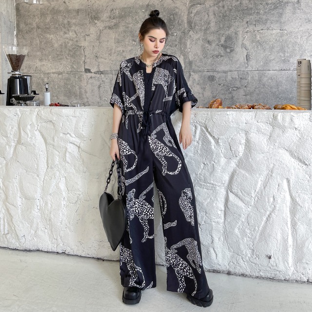 ブラックサマードレス ジャンプスーツ オールインワン 薄手プリントワンピース 夏物 ラブタオタオダレンハウス84038582662