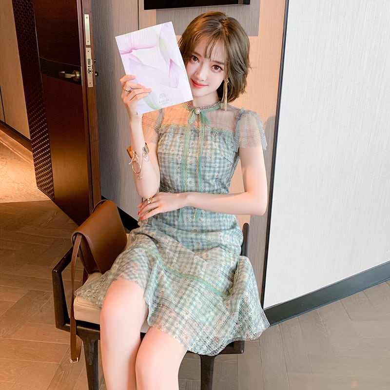 プリントメッシュウェストドレス スプリングサマー 春物 夏物 MIUCO24080218217