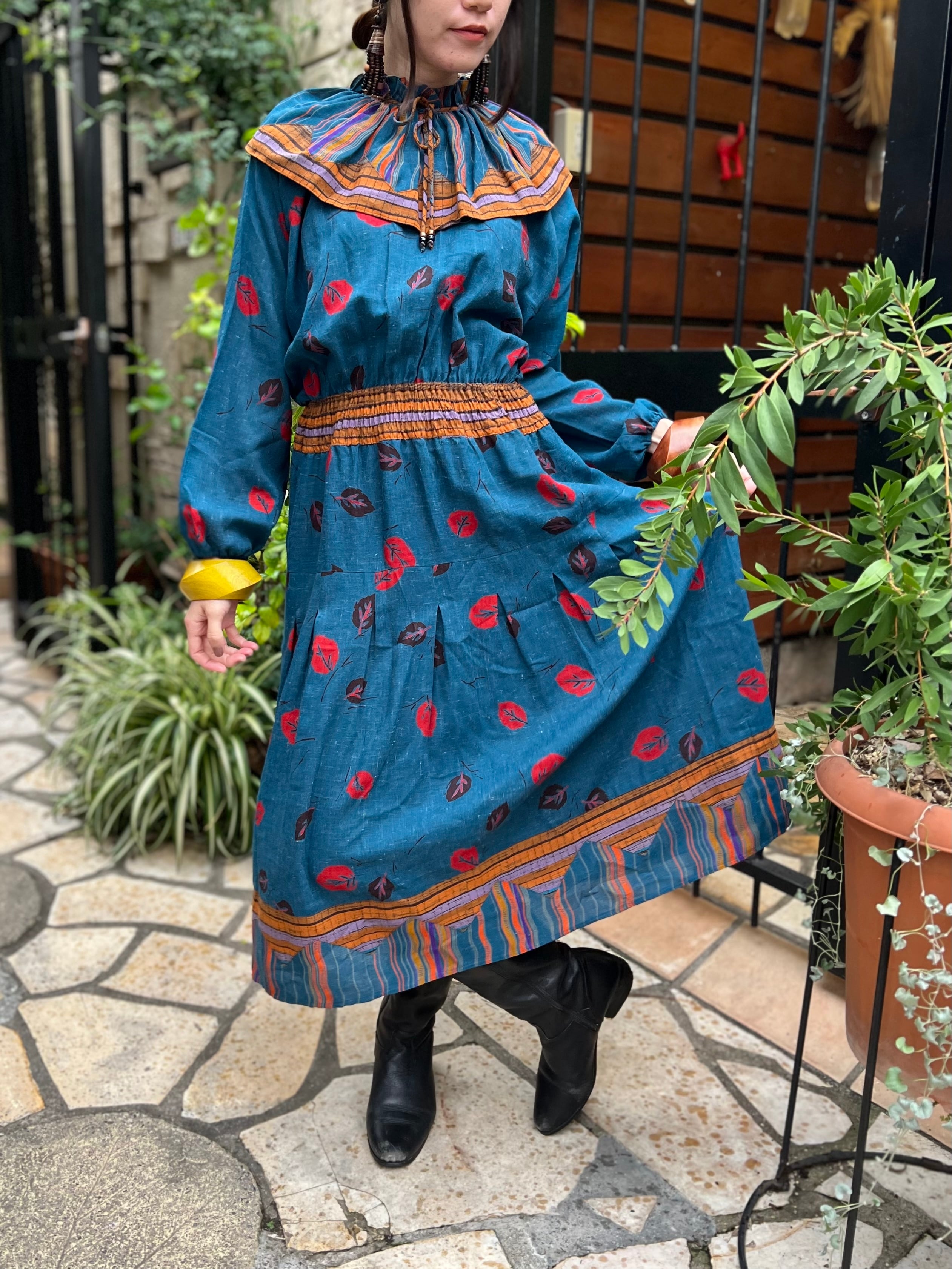 70s Diane freis wool Indigo blue × leaf dress ( ダイアン フレイス ...