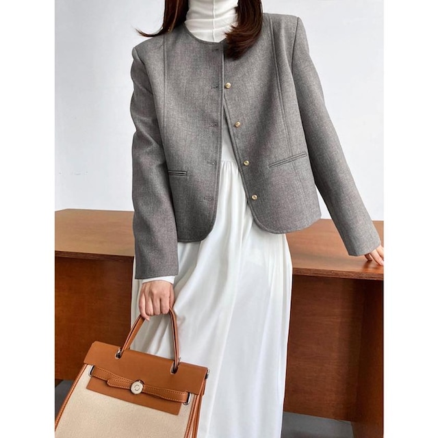 round neck collarless jacket