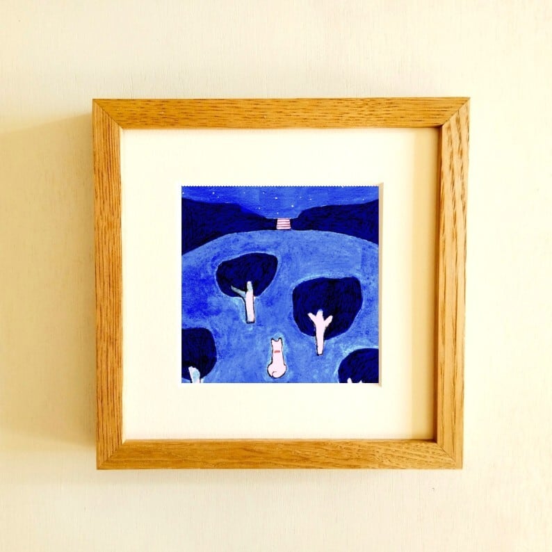 桜と月を見上げる少年と犬【アクリル画】原画・イラスト 30×30センチ