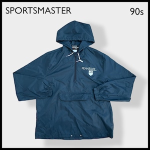 【SPORTSMASTER】90s USA製 カレッジ ペンシルバニア州立大学 PENNSTATE ナイロンジャケット アノラックパーカー プルオーバー ハーフジップ ワンポイントロゴ プリント フーディー IDEALジップ ネイビー 春物 us古着