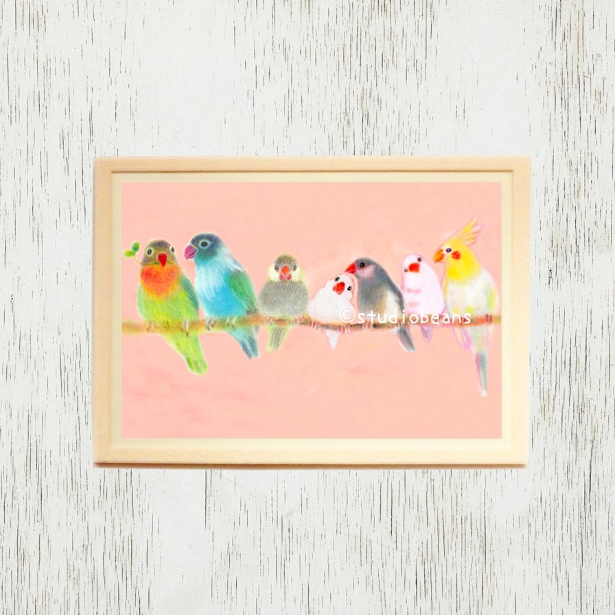 文鳥 絵画 原画 小鳥ブレーメン 北欧の青 イラスト アート 絵画 鳥
