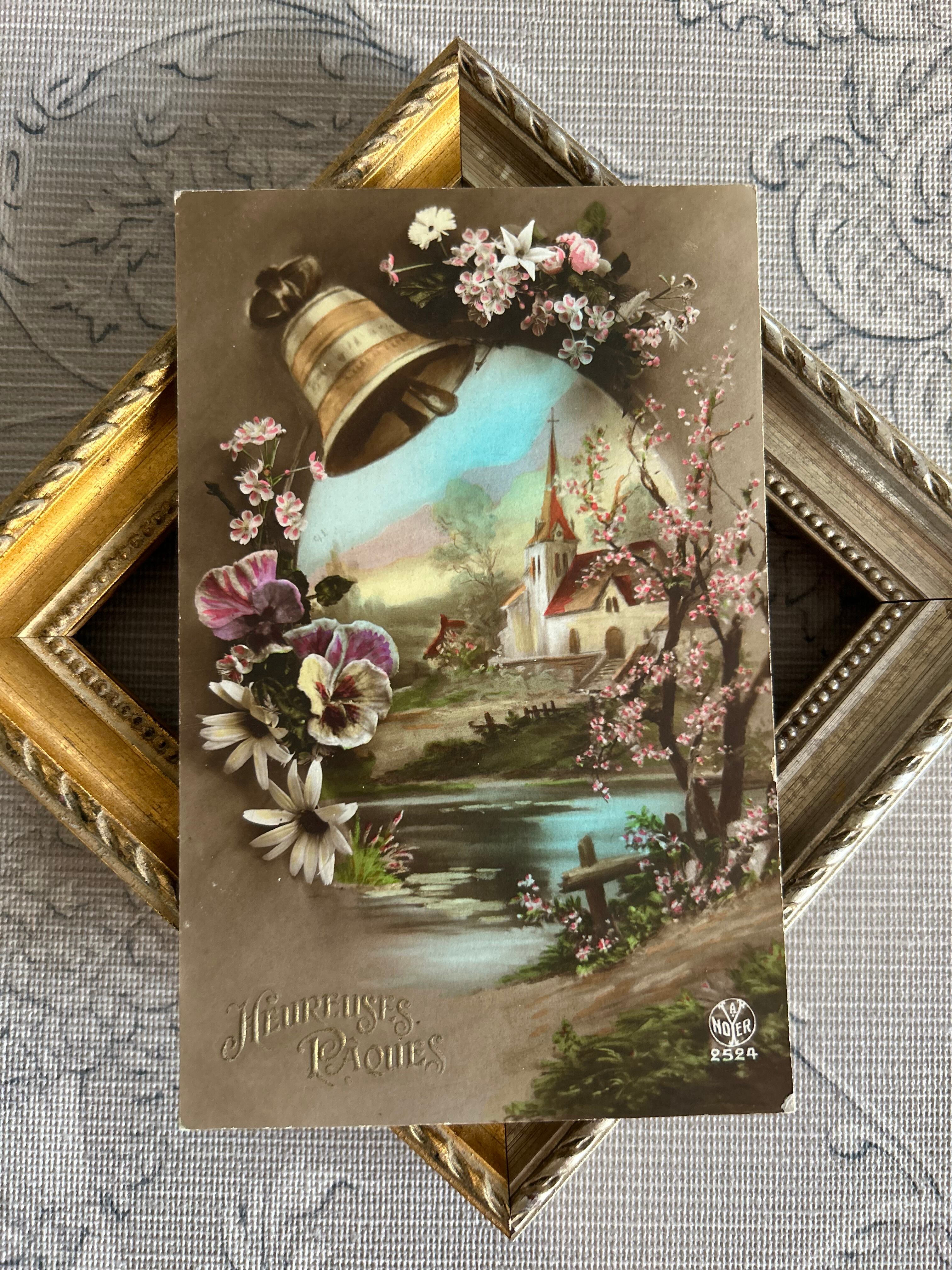 アンティークポストカード Heureuses Paques イースター 水辺の風景 パンジー 鐘 フランス 額装 インテリア コレクション