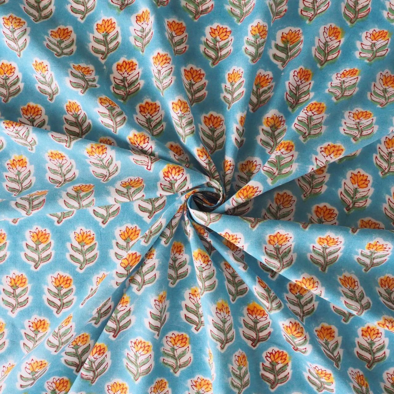 ブロックプリント生地【50cm単位】インド綿  小花柄 水色×黄色 #18533-BL2