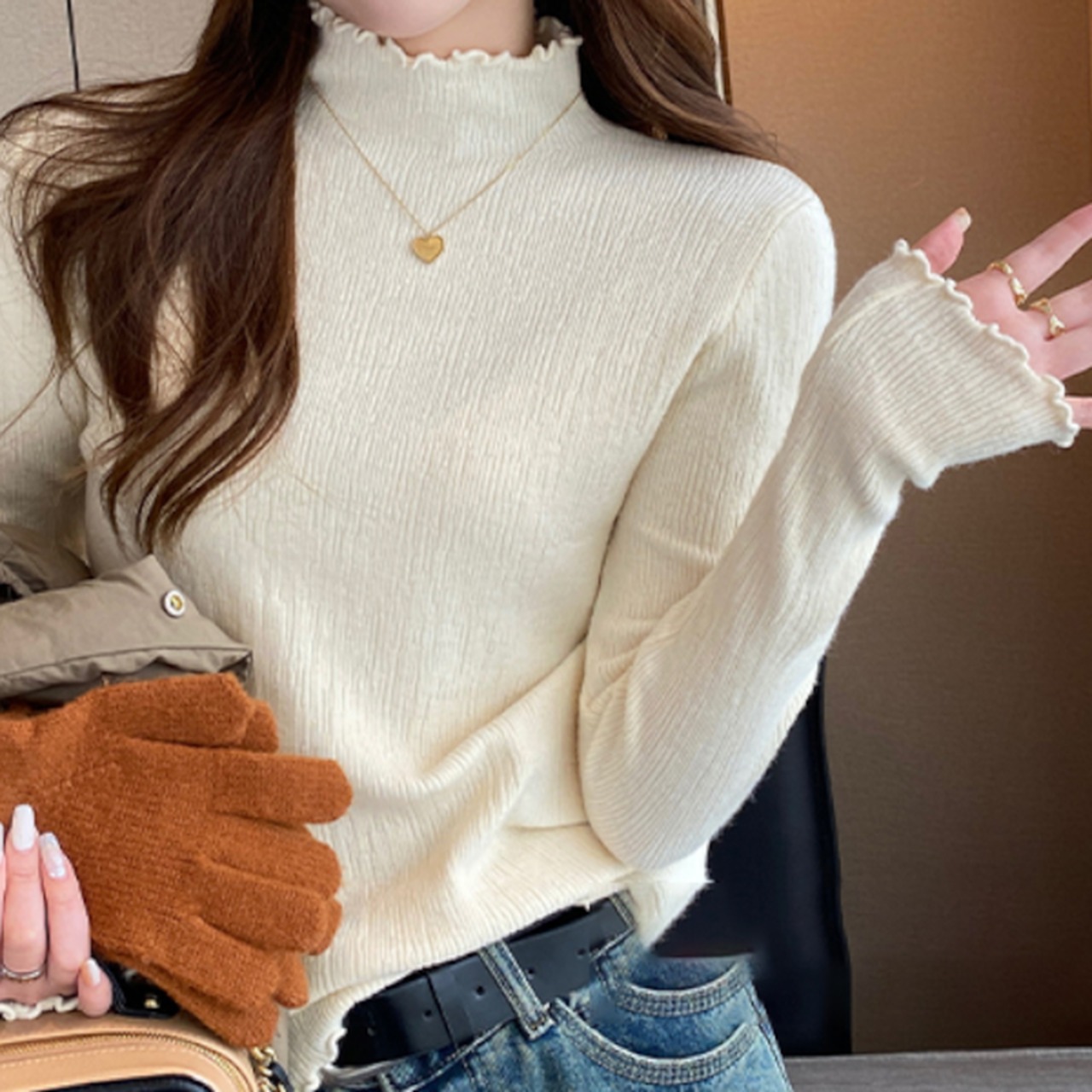 フリルネックボトミングニットトップ W01087