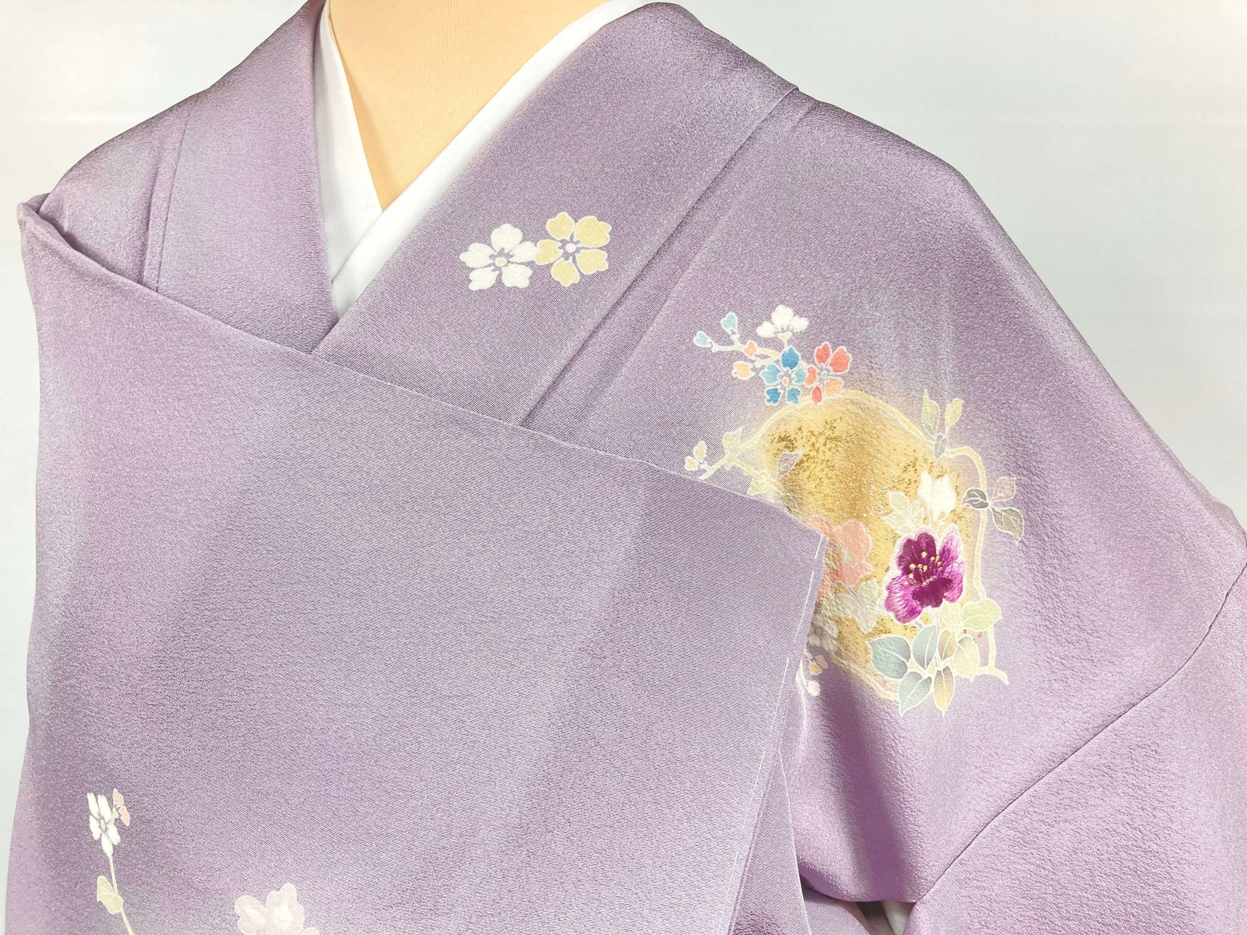 じゅらく帝王紫 刺繍 友禅 未使用 希少 訪問着 花柄 正絹 紫 藤色 黄緑 