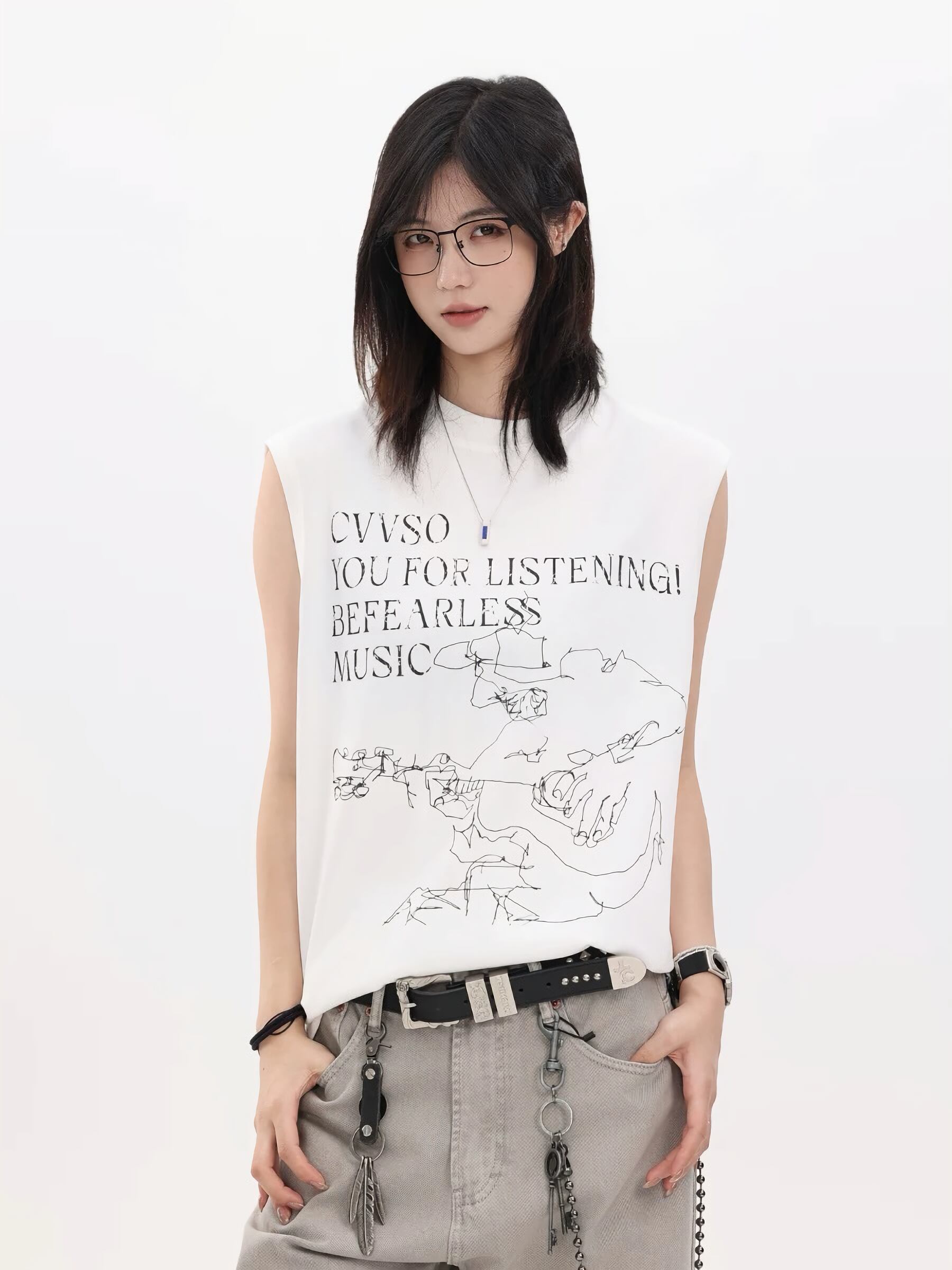 英字プリントノースリーブ Tシャツ / English Letter Print Sleeveless T-shirt
