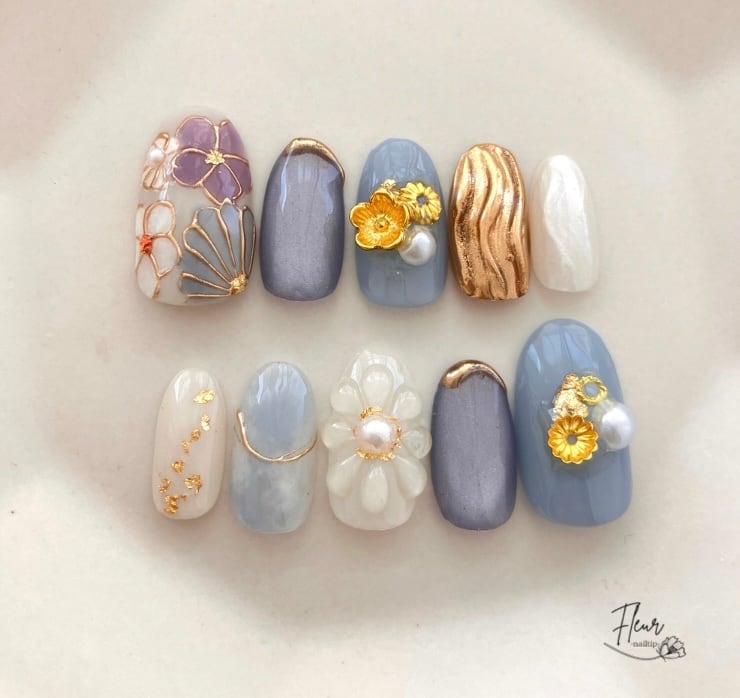 【サイズオーダー】淡青と花の上品ニュアンスネイル 10本セット#ncs001