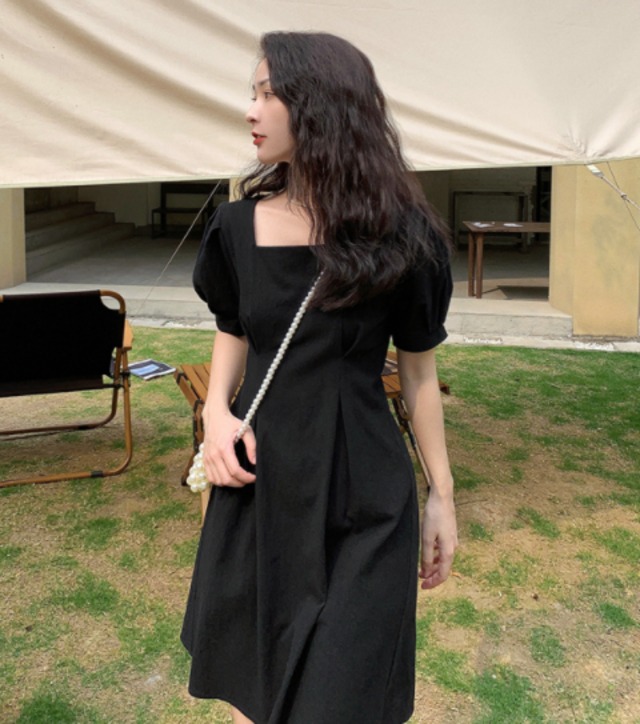ワンピース 春ワンピース レトロワンピース 半袖 パフ袖 ショート丈 ラウンドネック Aラインスカート ハイウエスト 無地 春 10代 代 フレンチレトロ レトロ エレガント お出かけ デート H319 La Vie En Rose