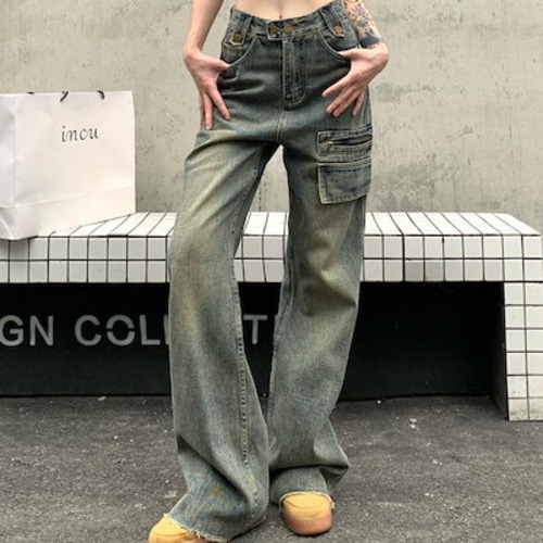 パンツ デニム ジーンズ ワイド ストレート ハイウエスト 脚長効果 美脚効果 細見え ウォッシュ加工 フリンジ 春 カジュアル 韓国ファッション レディース お出かけ