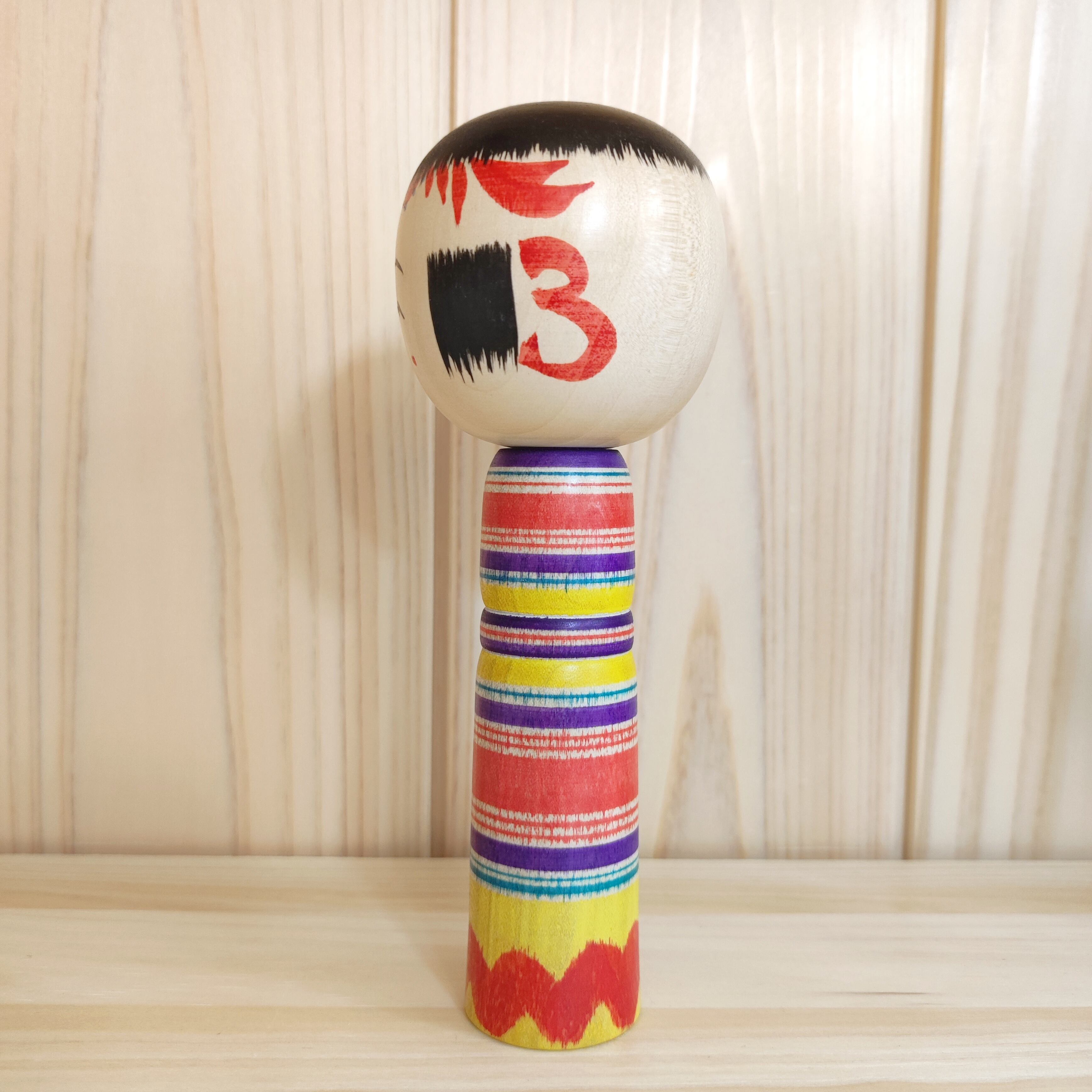 上田康友工人：弥治郎系】ろくろ線 波 こけし：5寸 15cm N10KU-10