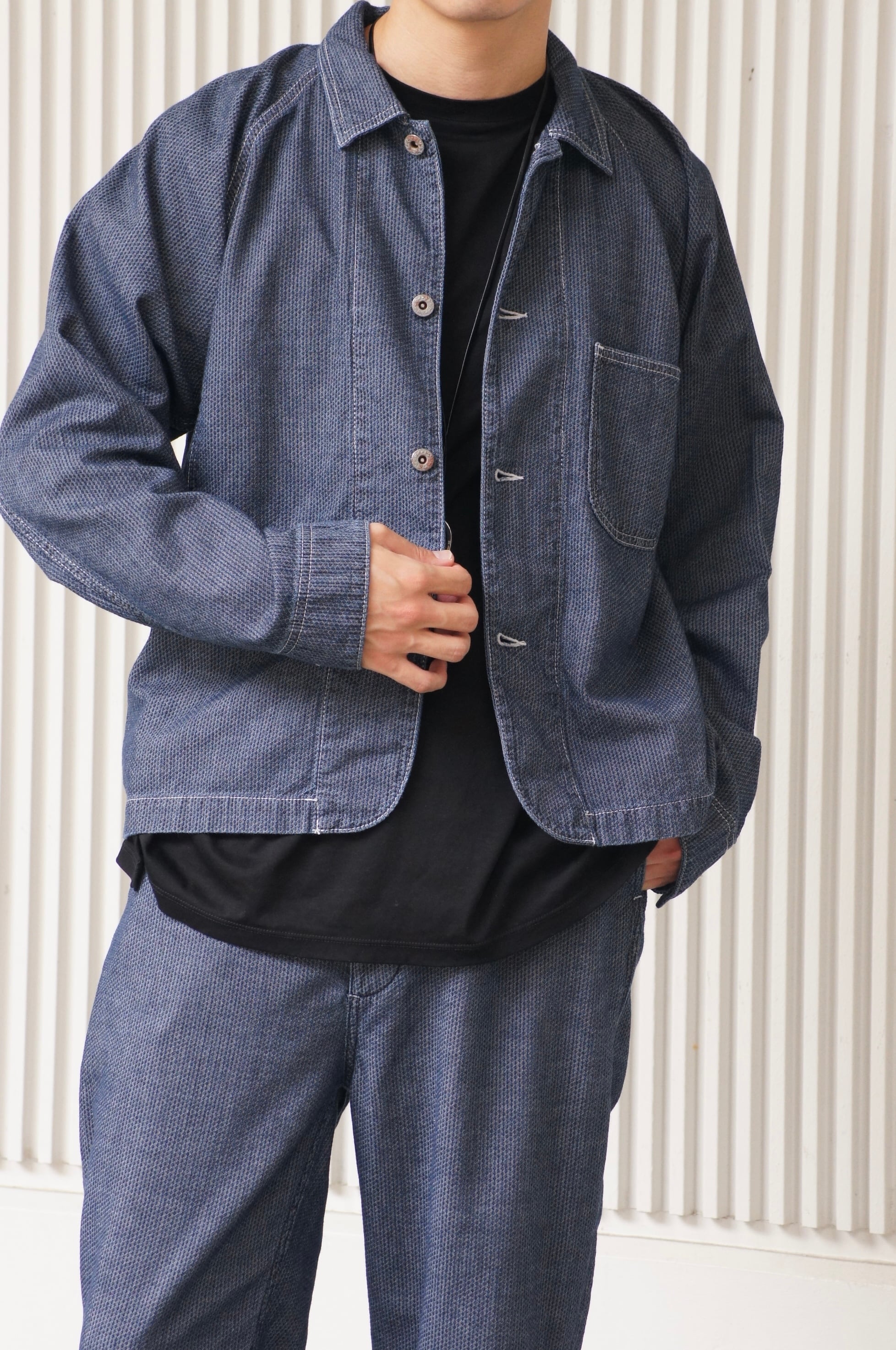 AOZORA BLUE HERVEN】SASHIKO CHAMBRAY SHORT COVERALL / INDIGO