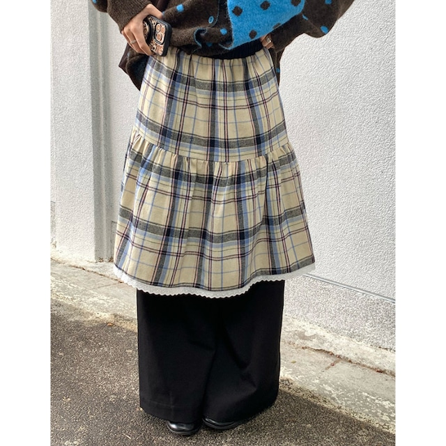 retro check layered skirt design pants  e1776