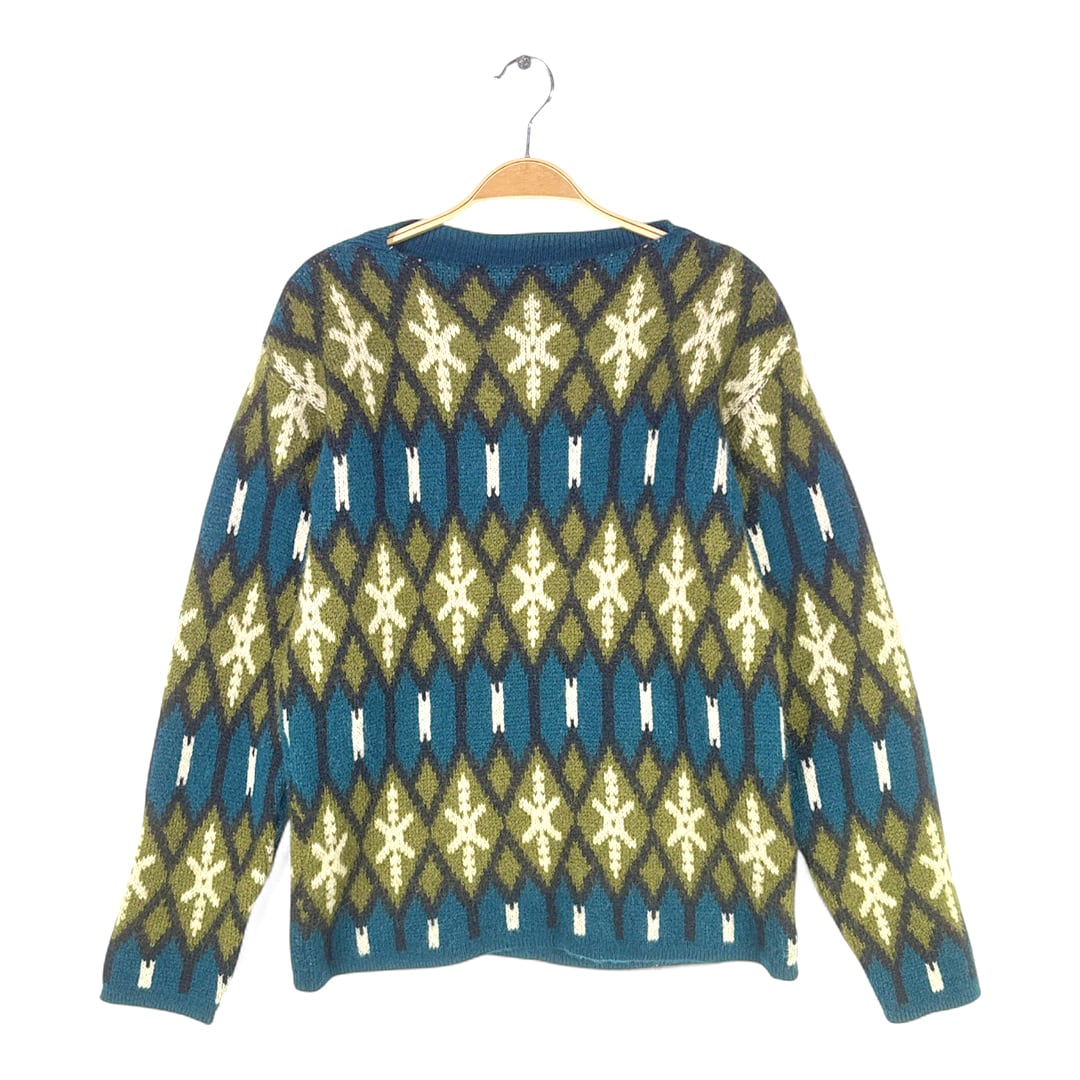 60s JANUS OF NORWAY ジャガードセーター 総柄 幾何学模様 ボートネック ウールセーター サイズM相当 古着 @CH1094