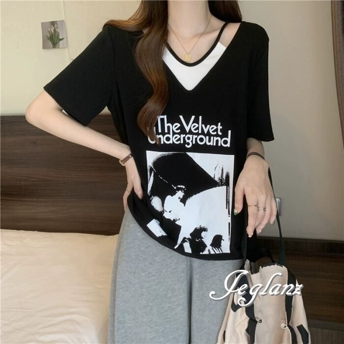 4色 バイカラー レイヤード風 Tシャツ V開き 大きいサイズ (MC569)β