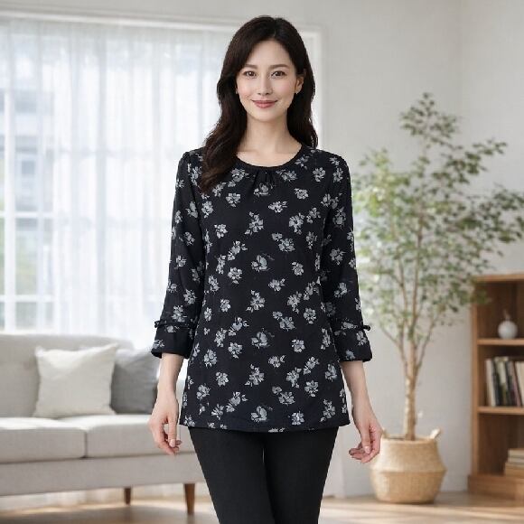 エクラタン チュニック フラワー&ロゴデザイン グログランテープリボン ブラック M L 30代 40代 50代 EC223029 働く女子 通勤コーデ 大人可愛いコーディネート