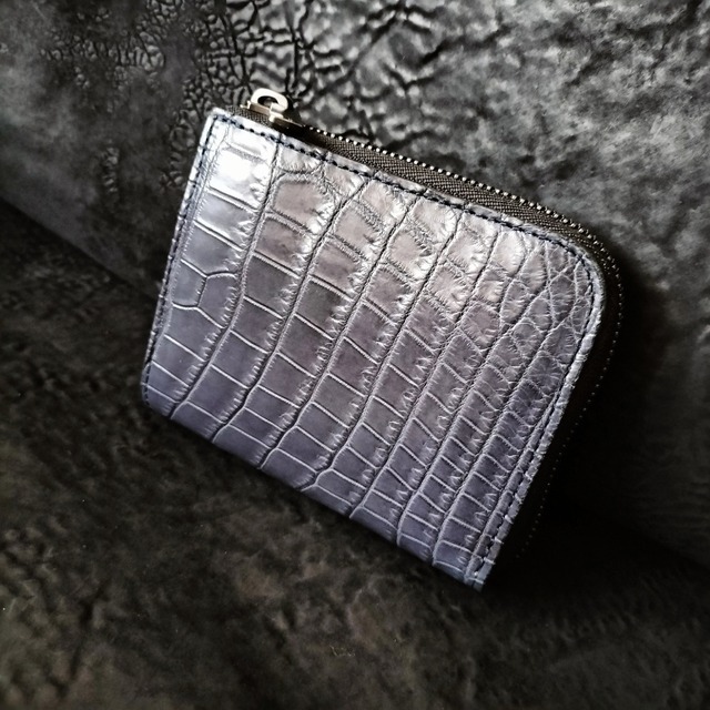 クロコダイルL字ファスナーウオレット・ブルーグレー