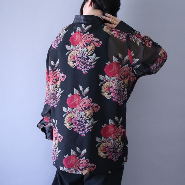 satin fabric switching design flower pattern see-through shirt