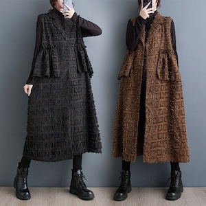 TEXTURED SLEEVELESS NOTCHED COLLAR LONG VEST M-18810