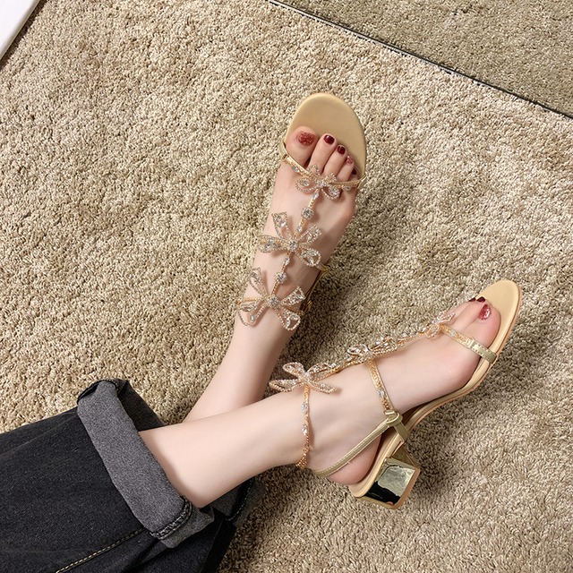 妖精風サンダル女性2020新しい夏のファッションネット赤野生厚いラインストーン弓弓ローマシューズ 部族の婦人靴1520654