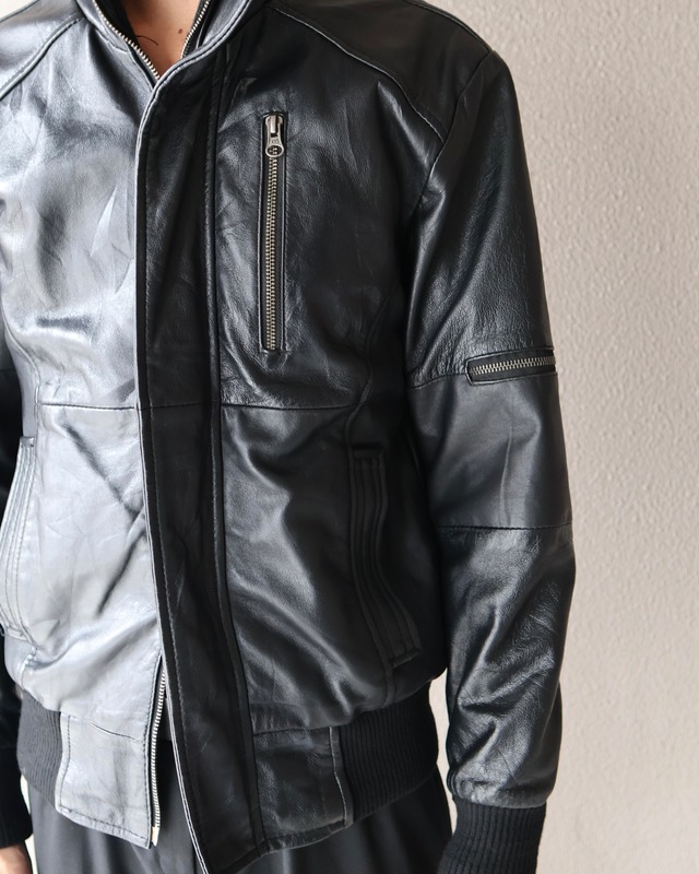 High neck leather double zip blouson