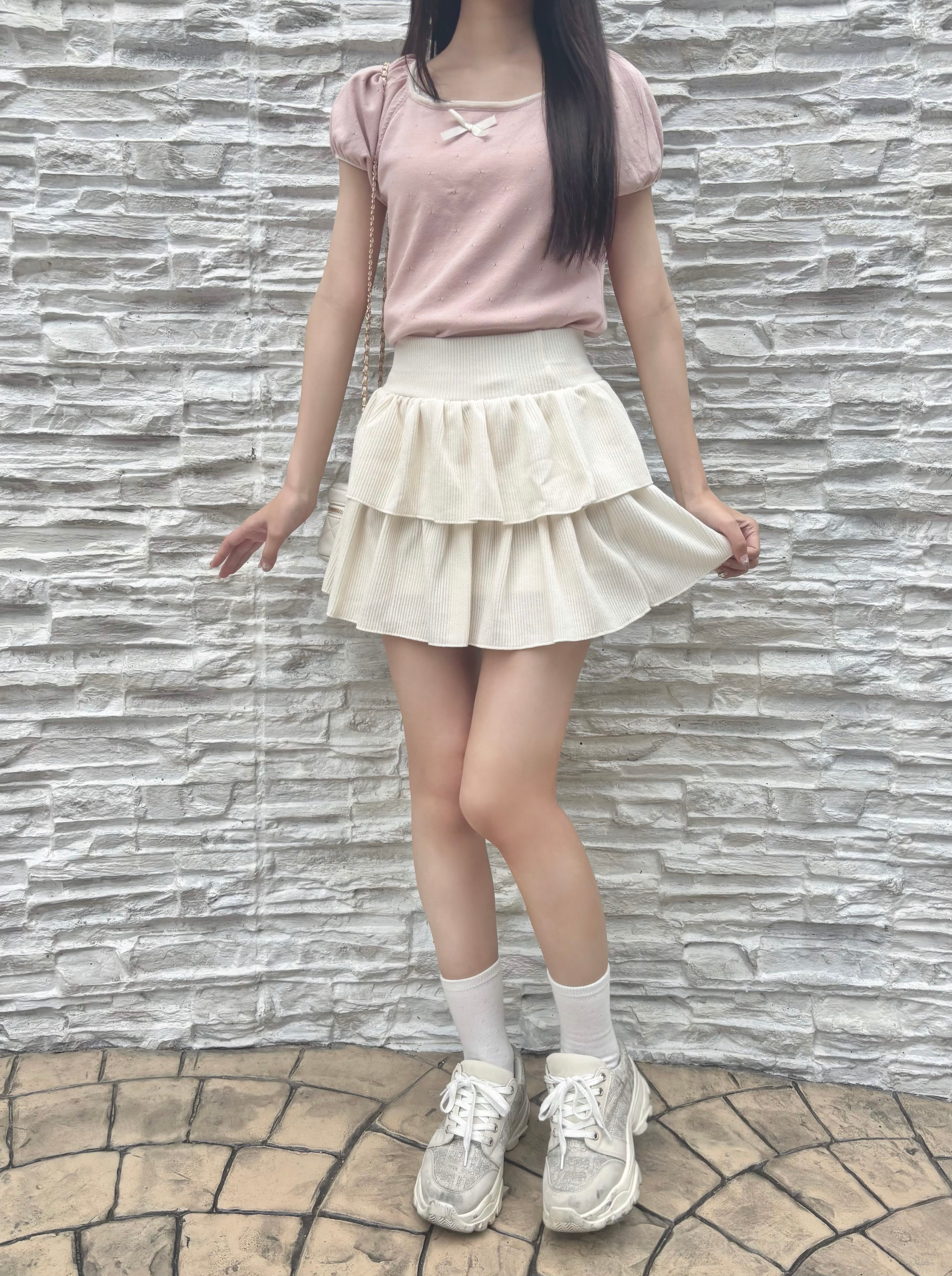 Renonqle】creamy tiered mini skirt ivory (LAST1) | feellie