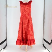 フラダンス 衣装 ワンピース ドレス CC Fashions レッド系 ハワイ製 ノースリーブ フリル ワントーン モンステラ柄 プルメリア柄 かわいい 華やか 鮮やか 明るい ハワイアン アロハ ハワイアンプリント フラ ダンス レッスン 練習 上品