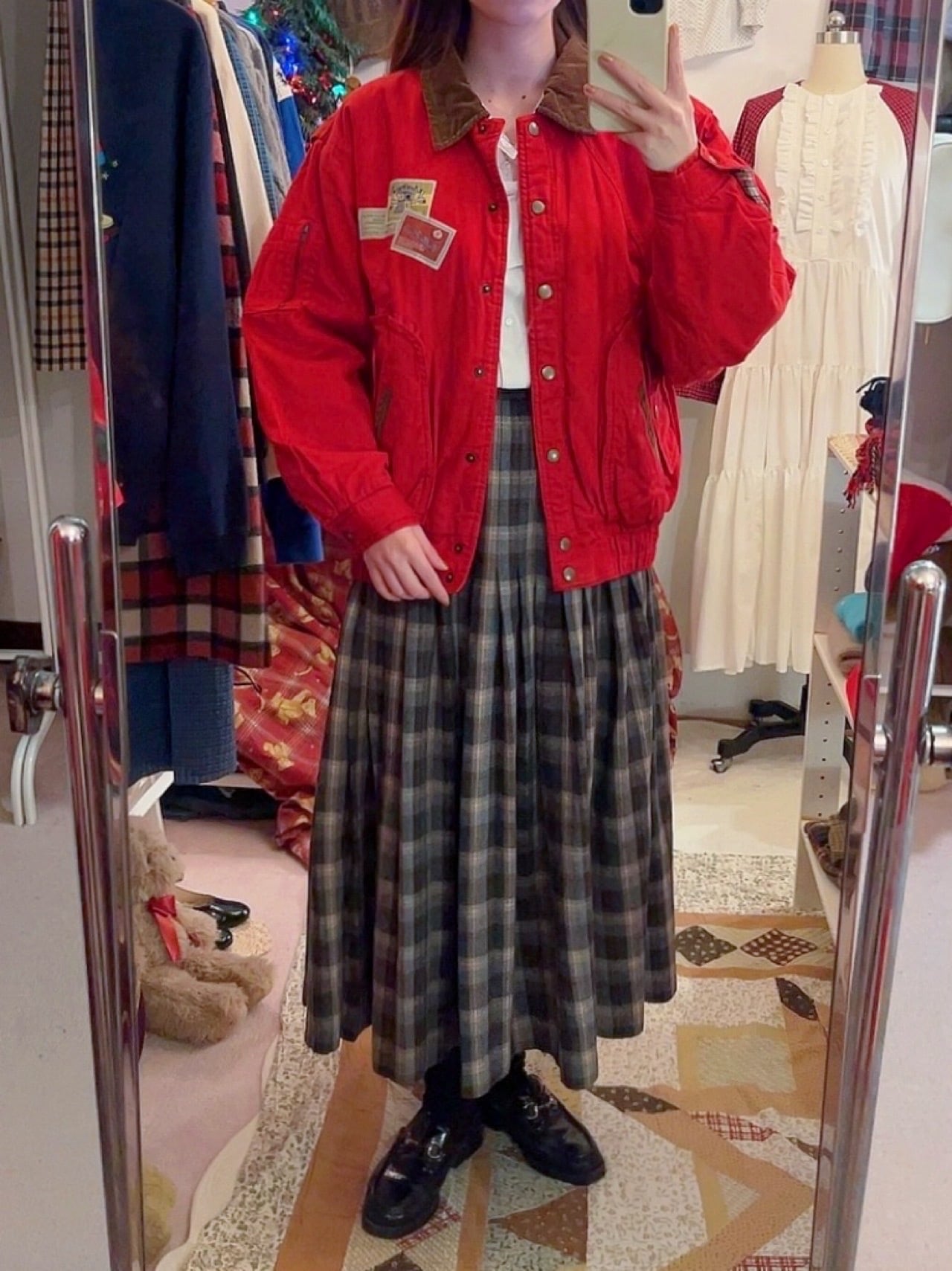 corduroy collar check liner red blouson