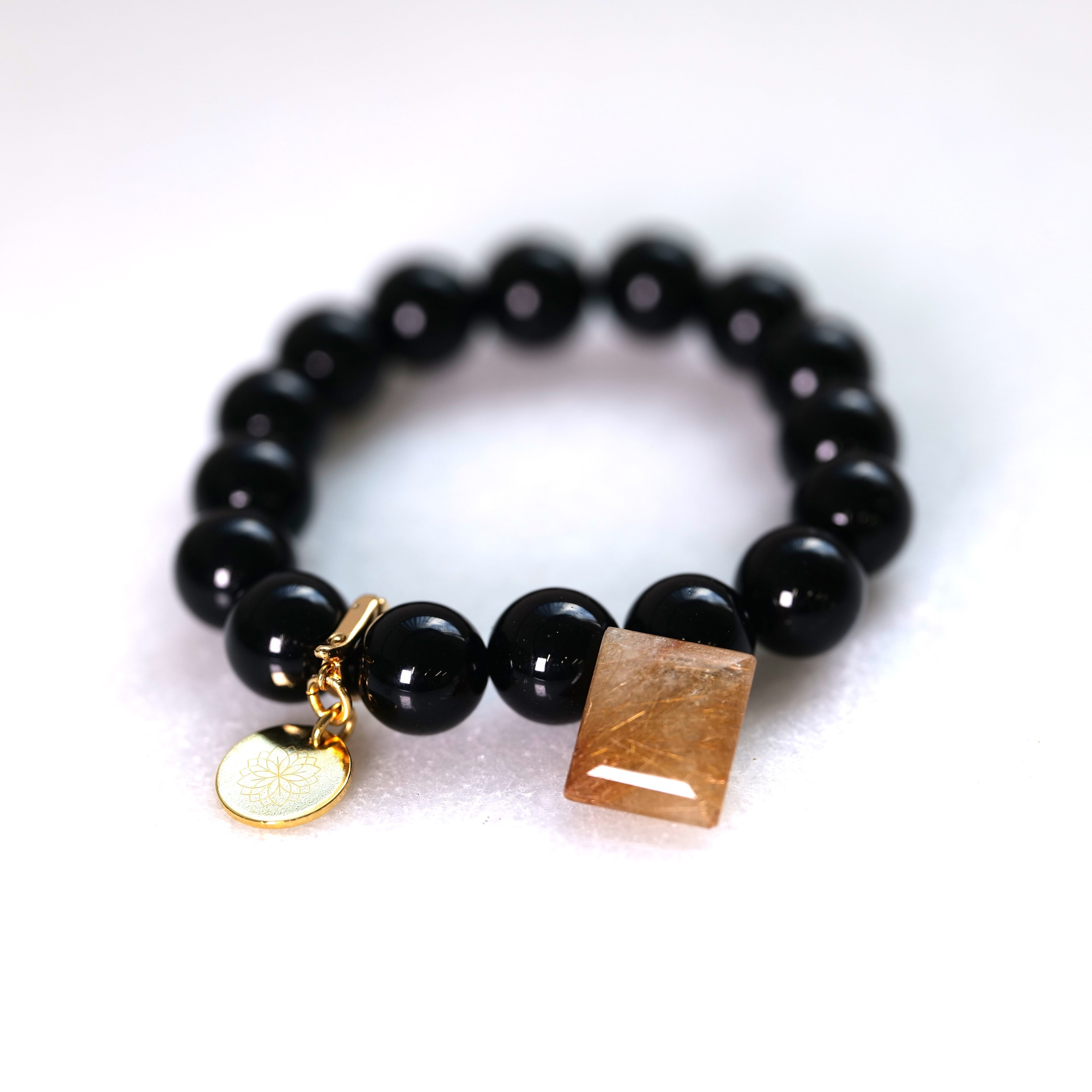 【成功セット・ハイパー】オニキスブレスレット12㎜玉＆ルチルクォーツNo.3