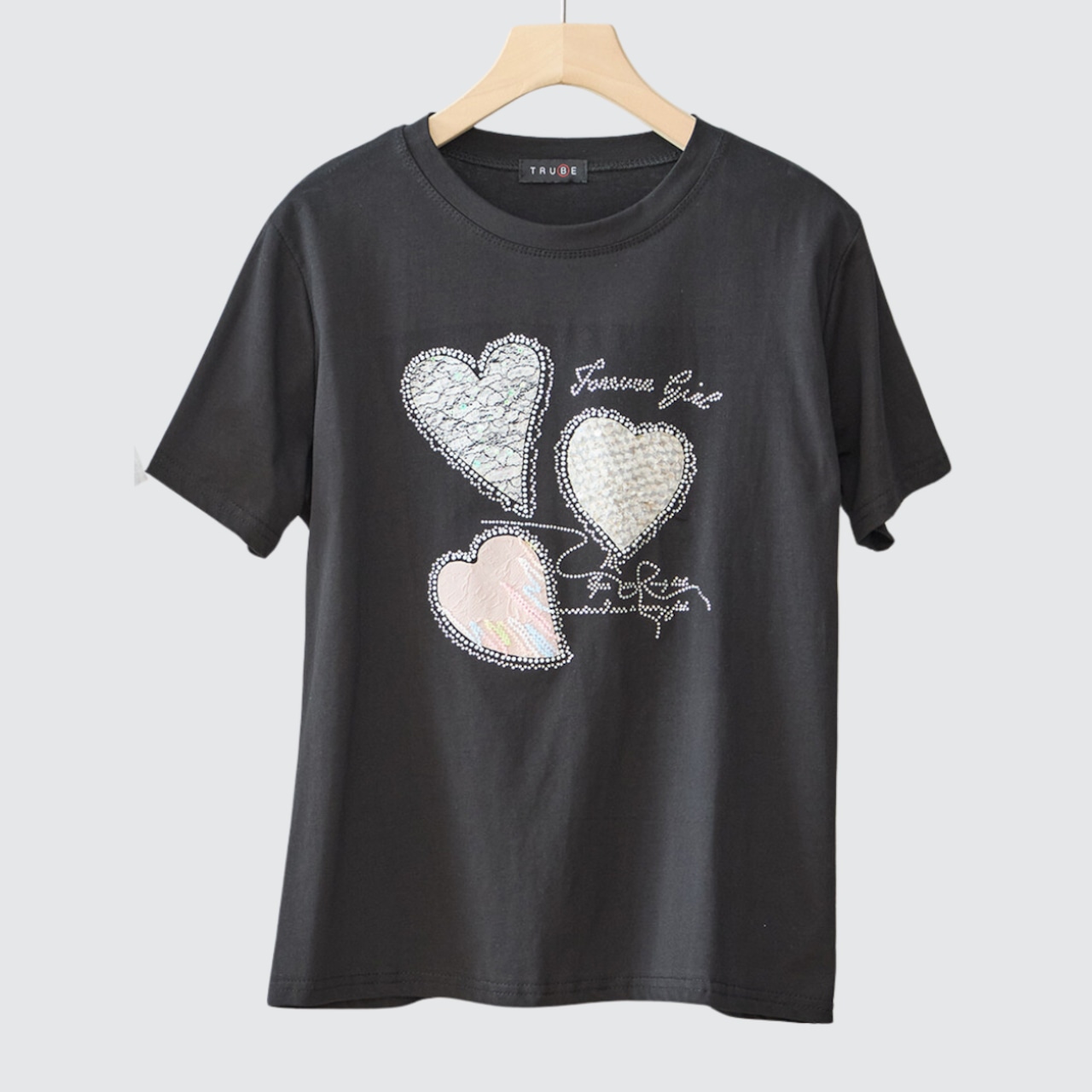 TRUBE レースハートラインストーンスパンコールデコTシャツ【M~L】ブラック