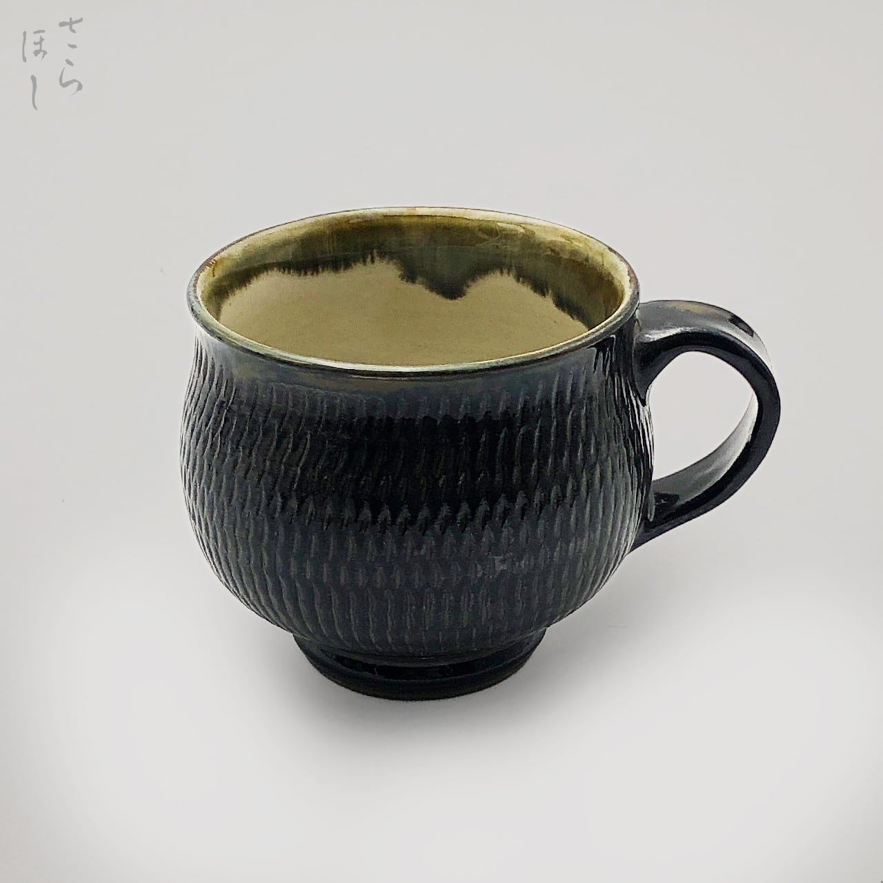 テクスチャー付き陶器ポット 黒金*3 小鹿田焼 小袋窯 3寸マグカップ 飛びかんな 真黒 口径約9cm 陶器 和