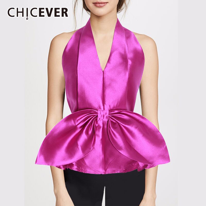 CHICEVERシフォンシャツ女性ホルターVネックノースリーブボウノットセクシーパーティーブラウス服2020夏 リボン サマー 夏物 6base515051910560