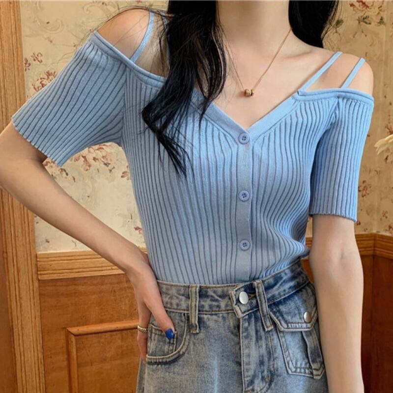 スタイルVネックニットカーディガントップス レディース オフショルダー ハンチェンe51789110964