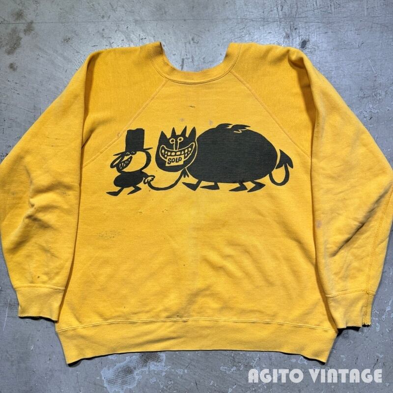 60's KQED Auction ”Phred and Qued”染込みラグランスウェット TVオークション番組マスコットキャラクター イエロー 山吹色 大き目 L~相当 コレクターズ 希少 ヴィンテージ BA-2626 RM3045H