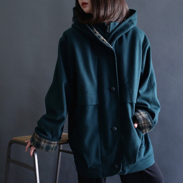 nice green and check high-neck hooded wool jacket coat