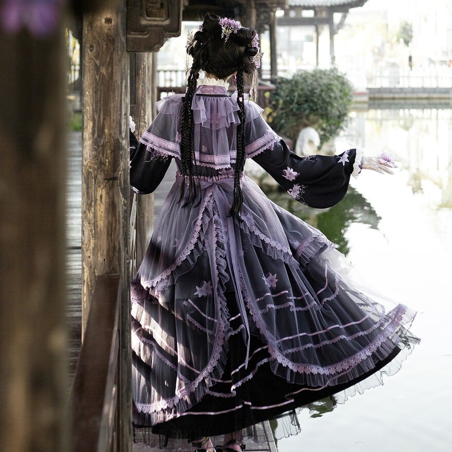 和ロリータ 3点セット 百合刺繍×着物風 黒×パープル｜WithU | ゴスロリ