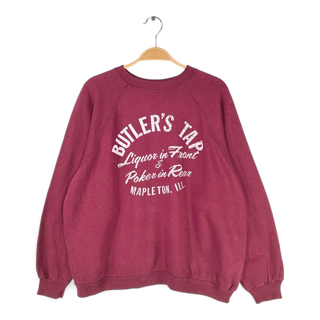 80s ひび割れプリント ヴィンテージスウェット アーチロゴ バーガンディー ラグラン サイズL相当 古着 @CF0952