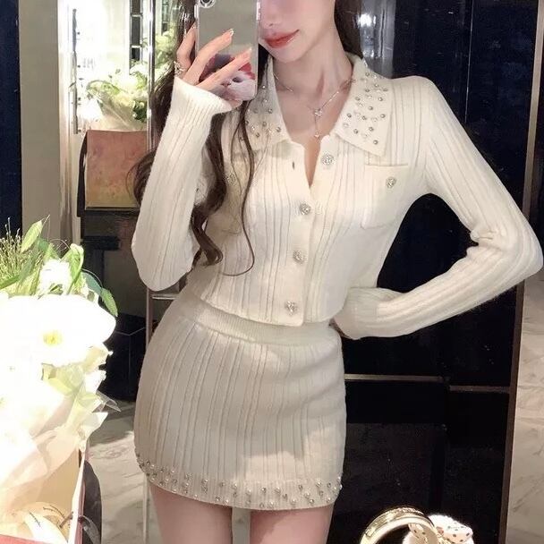 襟付きパール×ビジューニットセットアップ