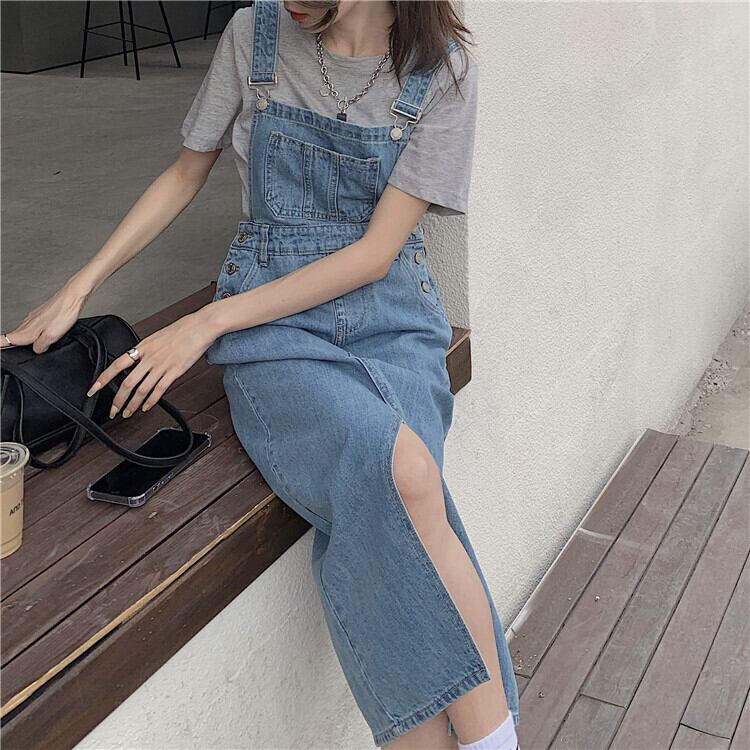 ジャンパースカート デニム レトロ ゆったり 着回し レイヤードコーデ スリット きれいめ カジュアル 大人可愛い 韓国ファッション Luluca 韓国トレンドファッションluluca ルルカ