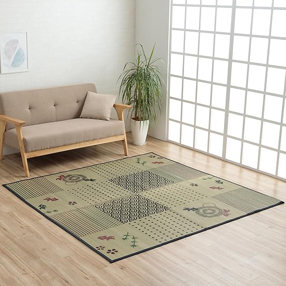 い草 花ござ/ラグマット 〔市松柄 ブルー 江戸間8畳 約348×352cm〕 裏：不織布 防傷加工 抗菌＆防臭効果 裏張CP 〔リビング〕〔代引不可〕 い草 花ござ ラグ マット 〔 8畳 格子柄 市松柄 ブルー 江戸間8