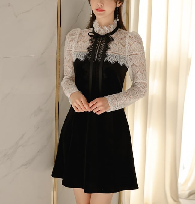 Monotone バイカラー レース Aライン ミニ ドレス ワンピース リボン スタンドカラー モノトーン トレンド きれいめ クラシカル パーティー お呼ばれ 謝恩会 二次会 結婚式 食事会 ストリートファッション通販 Kodo Vip